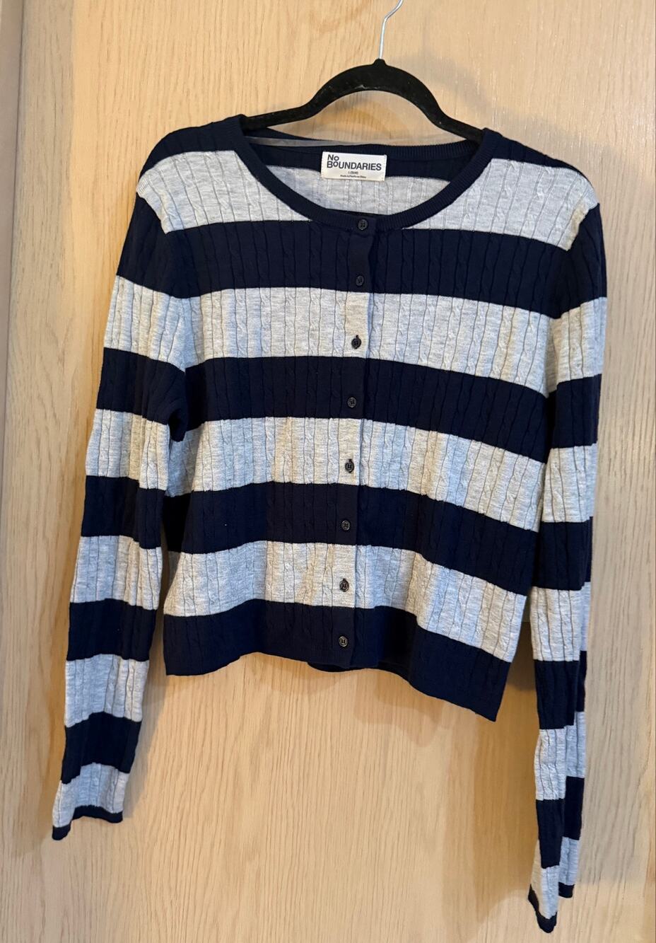 No Boundaries Cable Knit Striped Cardigan Dark Navy Gray Size L 12-14 NWT